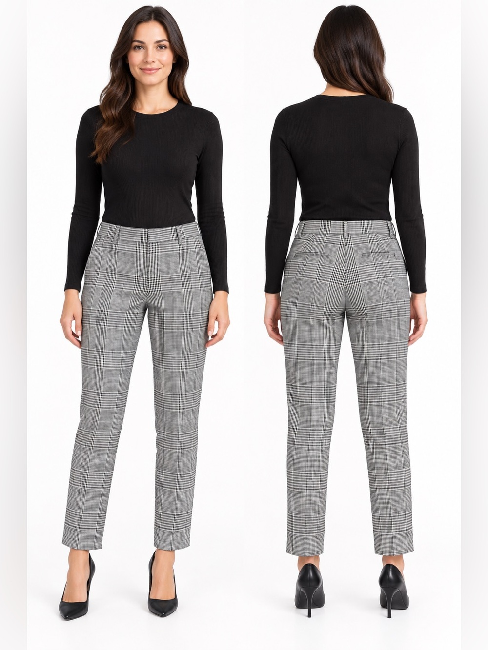 LOFT The Riviera Slim Plaid Ankle Pants Black White Size 10